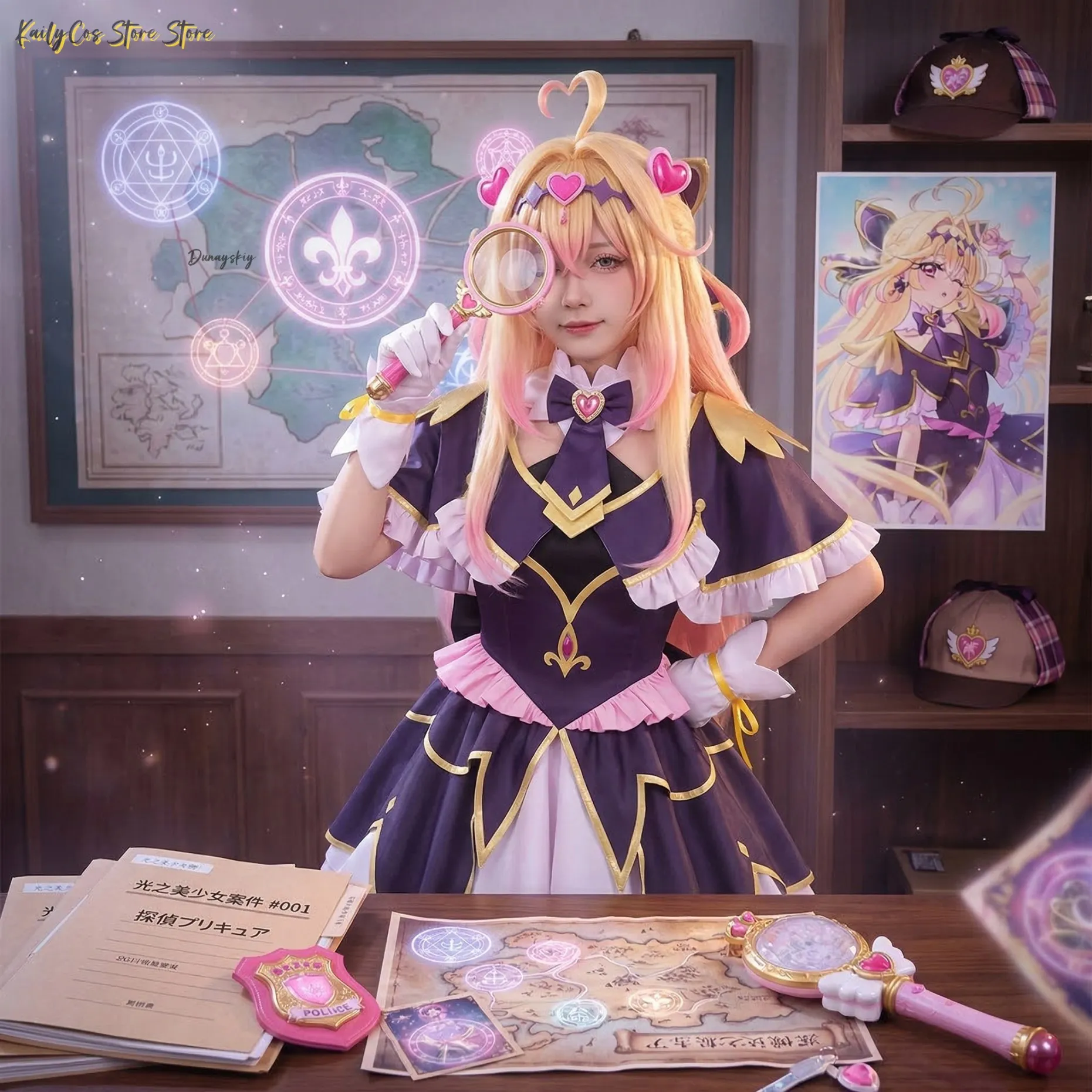 

Star Detective Pretty Cure Cosplay Costume Black Gothic Magical Girl Dress with Gold Trim Halloween Anime Outfit for Women