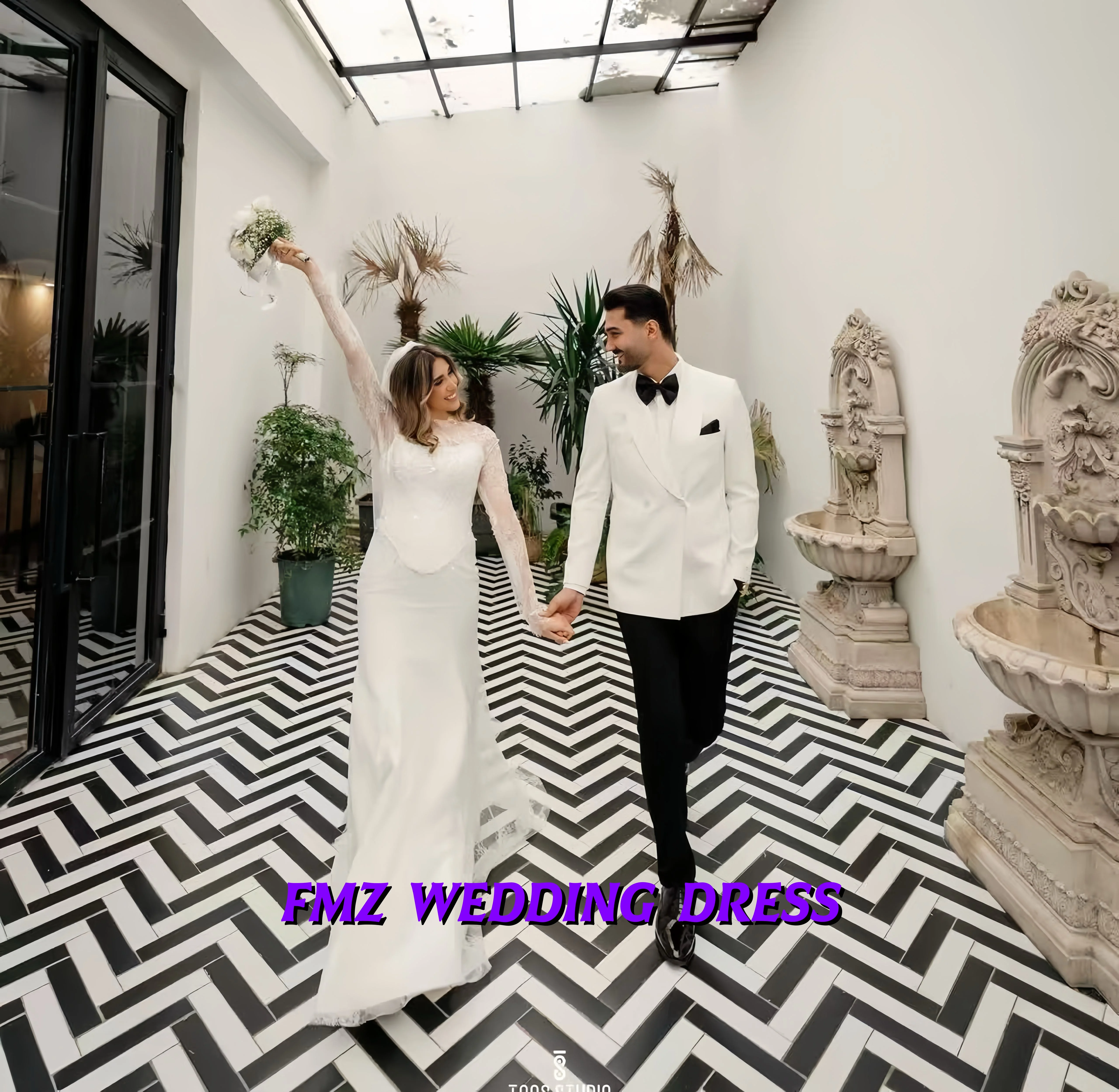 فستان زفاف أنيق مخصص بياقة مستديرة وأكمام طويلة، تصميم A-LINE، فستان زفاف، فساتين عروس