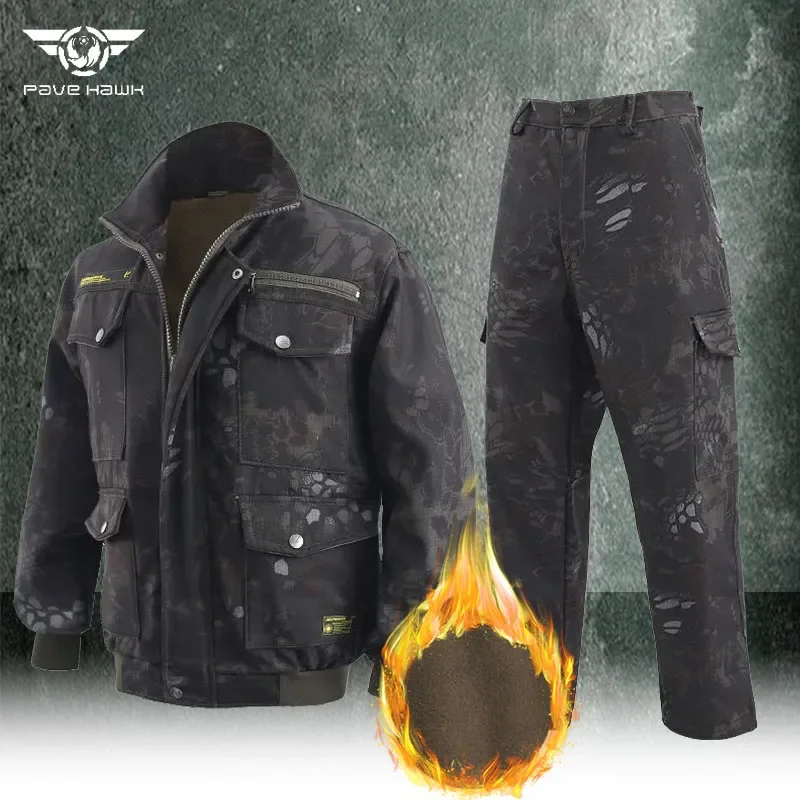 Heren Winterpak Plus Tactische Training Fleece Meerdere Zakken Jas Cargo Broek Slijtvaste Warme Camouflage 2 Stuks Sets Nieuw