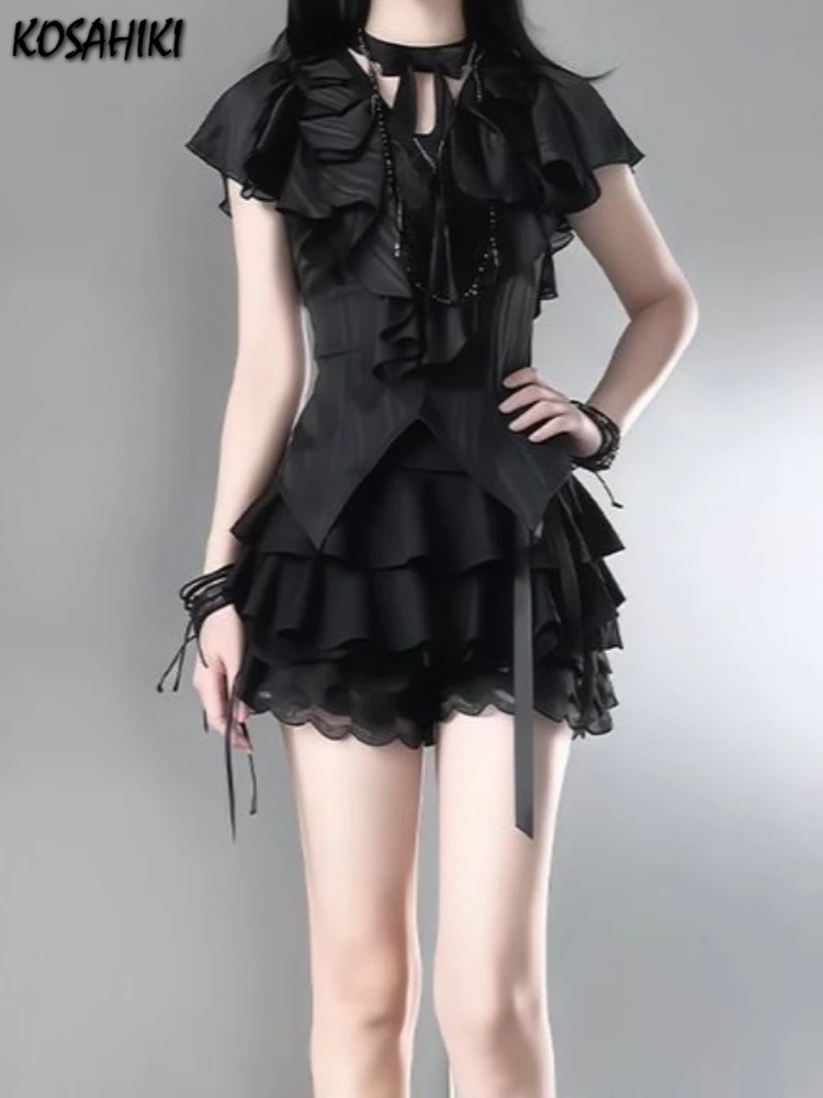 

Y2k Aesthetic Two Pieces Set Women Irregular Split Ruffled Printing Blouse + Mini High Waist Lace Patchwork Skirts Grunge Suit
