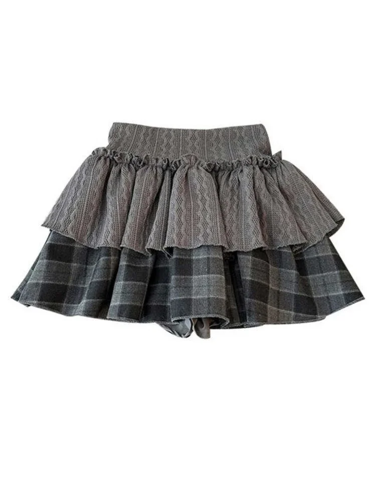 Harajuku Girls Knitted Patchwork Plaid Grunge Skirts Women Y2k Aesthetic High Waist Skirt Streetwear Vintage Ruffled Mini Jupe