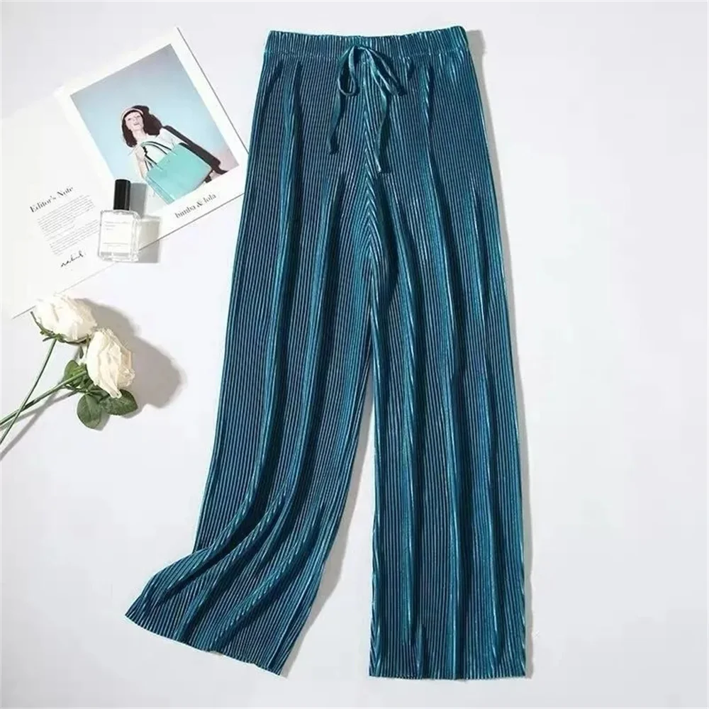 Summer Ice Silk Korean Casual Cropped Pants Women Pleated Loose Wide Leg Trouse Home Classic Sports Wear Girls Clothes Black Top