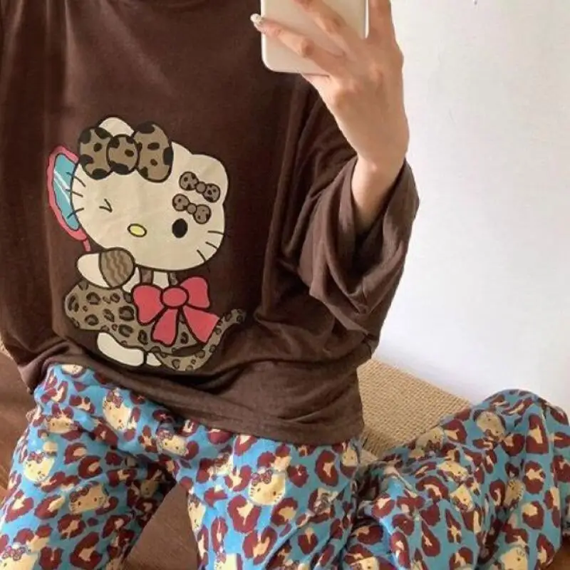 Sanrio nouveau pyjama mignon Hello Kitty imprimé léopard pyjamas fille printemps et automne Style manches longues ensemble maison vêtements pyjamas