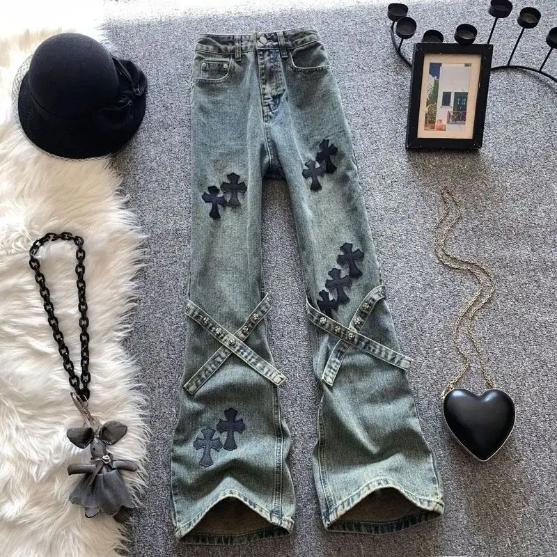 Cross Patch High Waist Jeans Women American Retro High Street Straight Loose Wide-leg Pants Harajuku Hot Girl Y2k Trousers