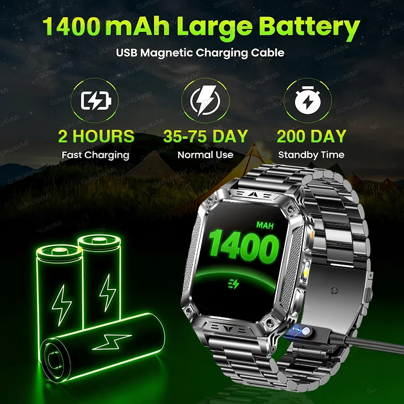 Global Edition Military1400mAh Battery Smart Watch Man 2.01''Screen LED Flashlight IP68 Waterproof AI Voice HD Call Sport Watch
