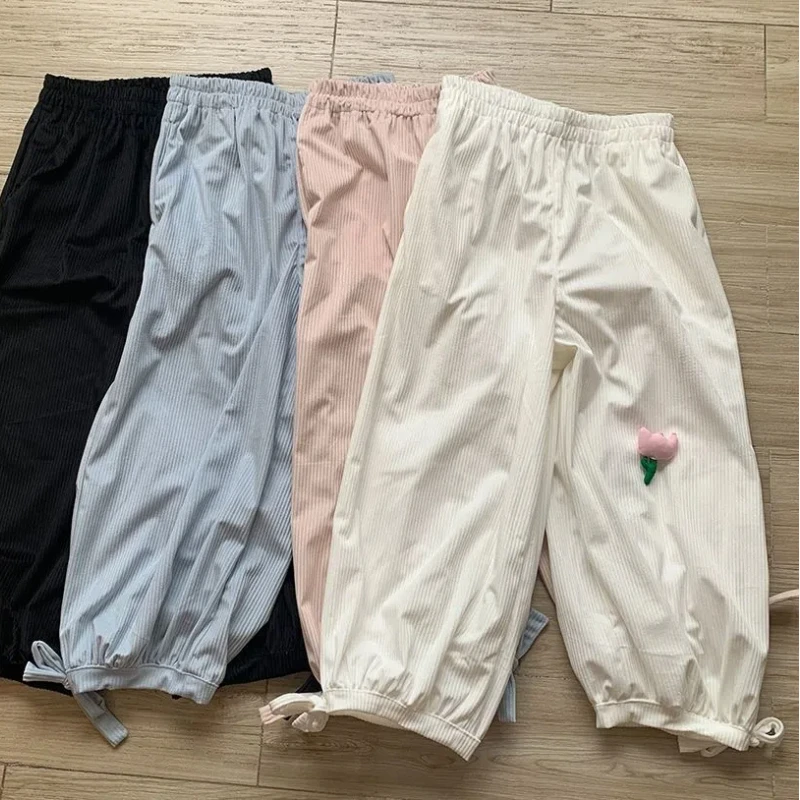 Pantalones de linterna de estilo japonés para mujer, pantalón Harlan liso de cintura alta con lazo y flores, holgado y recto, estilo informal, Verano