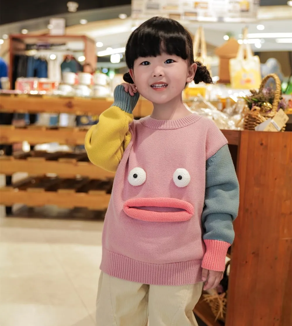 

Autumn winter kids girls clothes baby tops Girls' knitted sweater Cartoon and interesting mouth shaped sweater