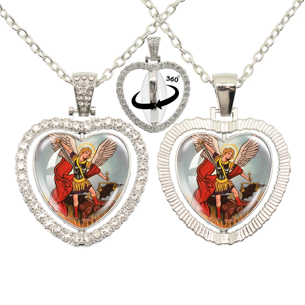 Archangel St. Michael Protect Me Saint Shield Double Sided Necklace With 360 Degree Rotating Heart Shaped Pendant Jewelry