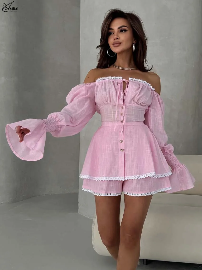 Oymimi ファッション ホワイトコットン 2 ピースセット女性の服装エレガントなストラップレス長袖レースアップボタンシャツとレースショーツセット