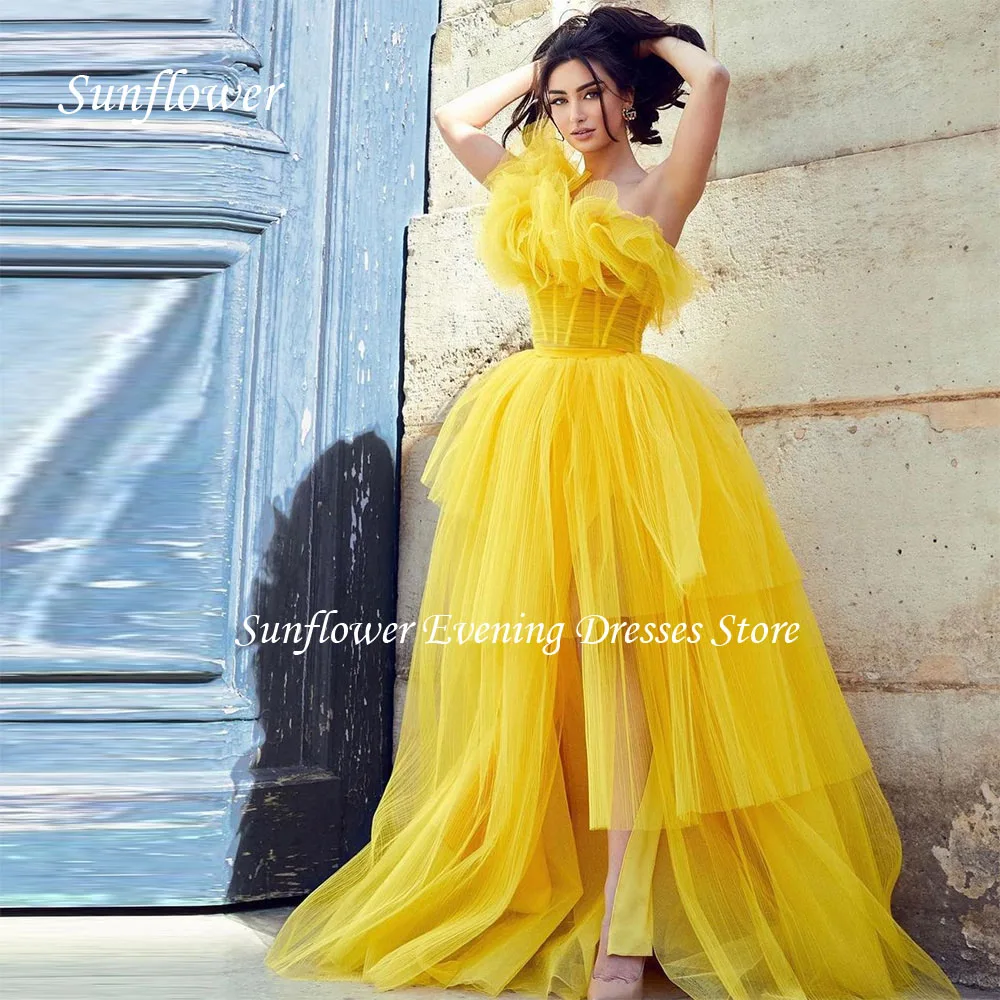 

Sunflower One-Shoulder Prom Gown A-LINE Evening Dress Slim Tiered Tulle Floor-Length Party Dress 2023 Wedding Dress Customed