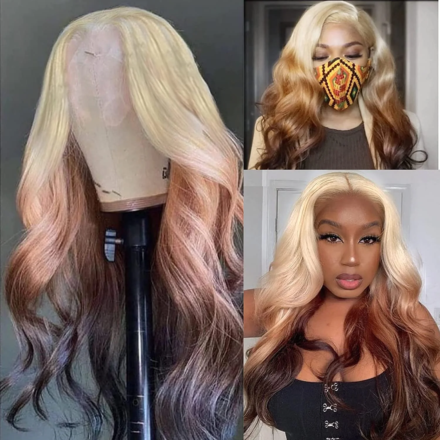 Ombre Colored Lace Front Wig Synthetic Brown Wig Blonde 613 Roots With Black Ends Body Wave Transparent Lace Frontal Wig Cosplay