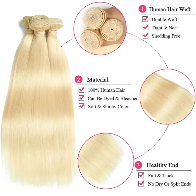 10A 613 Blondes, glattes Echthaar-Bündel, 100g/Stück, doppelt gewebte Haarverlängerungen, unbehandeltes brasilianisches Jungfrauenhaar – Detail 6