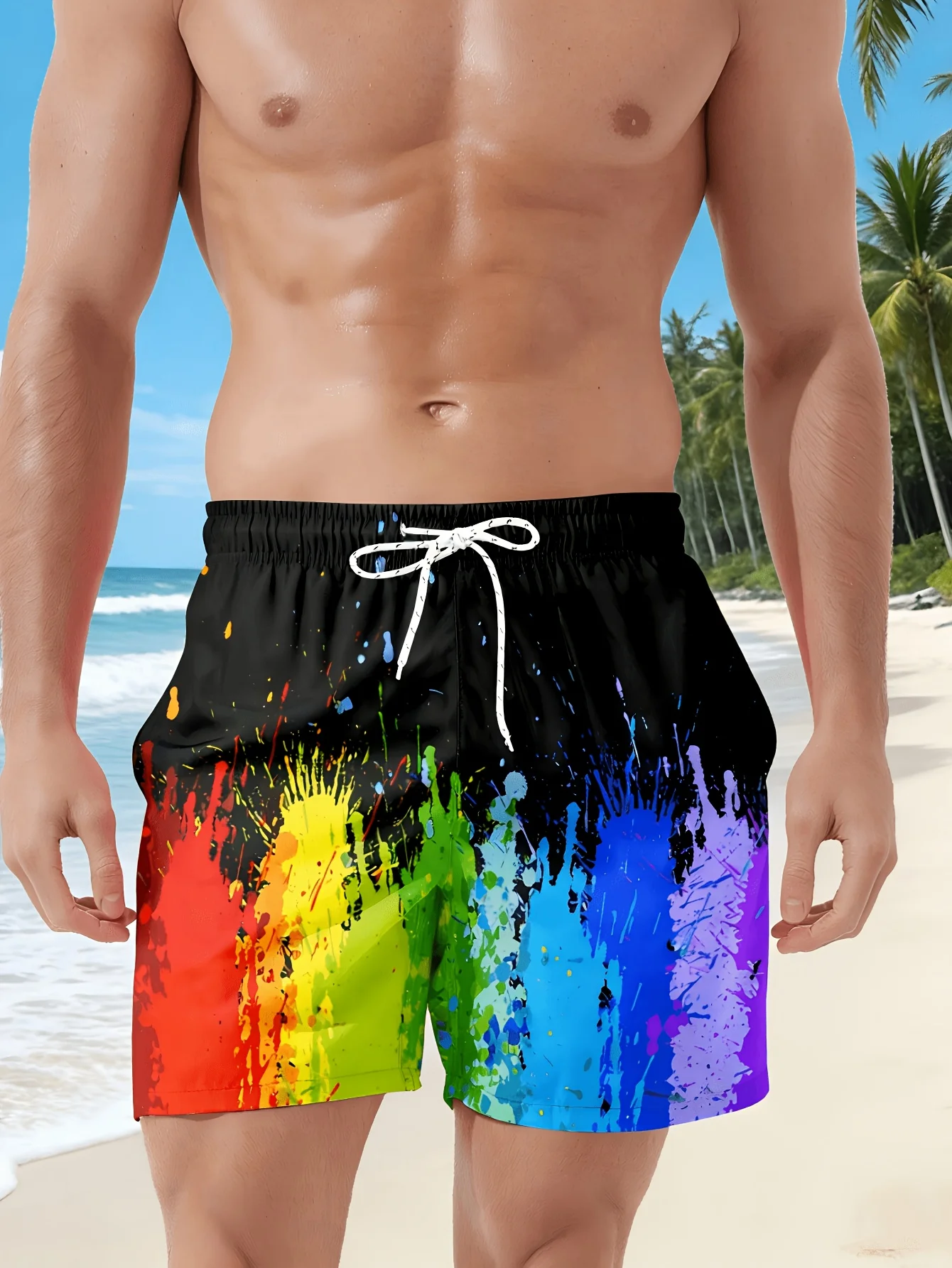 Mens Rainbow Splash Paint Print Quick Dry Board Shorts Elastic Drawstring Swim Trunks Summer Beach Casual Outfit