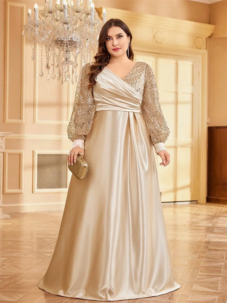 Plus Size Luxury V-Neck Sequins Splicing Evening Dresses Elegant Women Bridesmaid Party Long Sleeve Cocktail Gowns