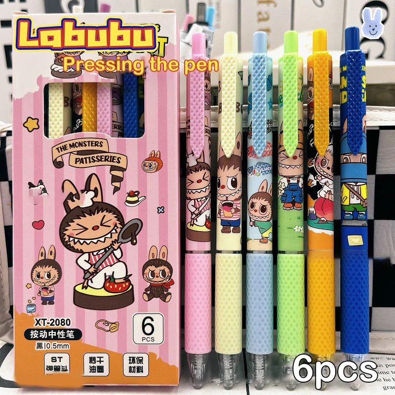 Labubu Monster Cartoon Neutro Gel Pen, Caneta de secagem rápida, Exame do Estudante, Material de Escritório Escolar, Papelaria, 6Pcs