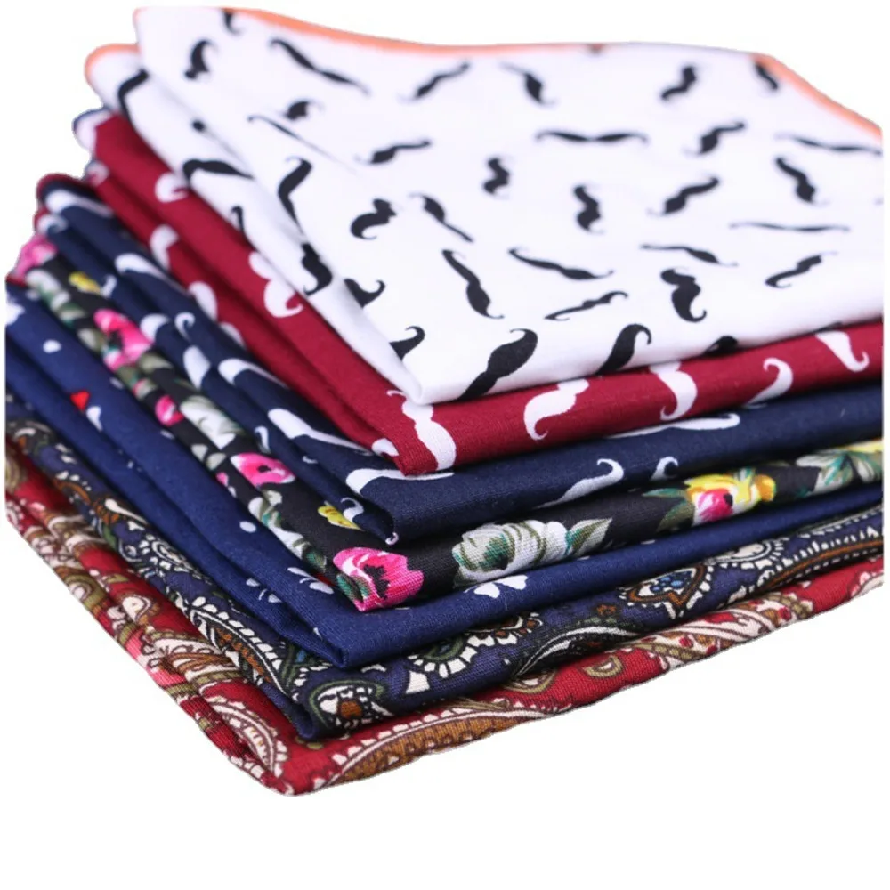 Fashion Cotton Pocket Square Flower Beard Paisley Print Handkerchief White Navy Square Towel Hanky Wedding Chest Tie Accessories