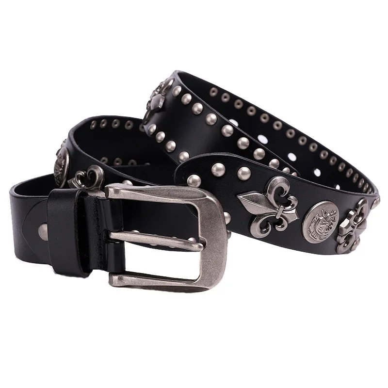 

New Punk Skull Rivet Belt Genuine Leather Men's Belt Women's Head Layer Cowhide Versatile High Street Hip Hop Belt Wholesale