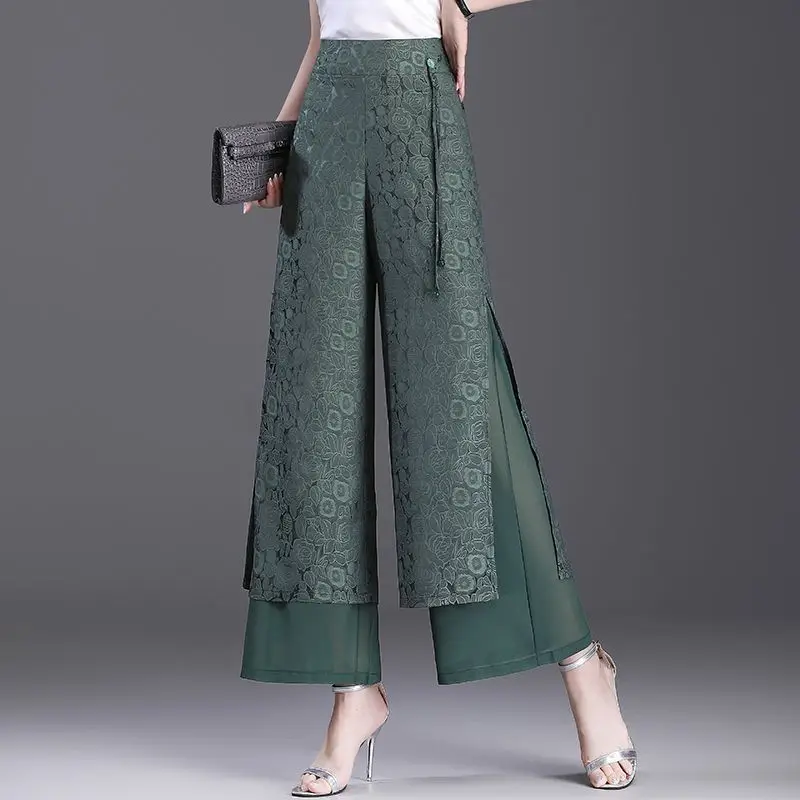 Fashion Elastic Vintage Floral Lace Up Fake Two Pieces Pants Women\'s Clothing 2024 Summer New Loose Office Lady High Waist Pants