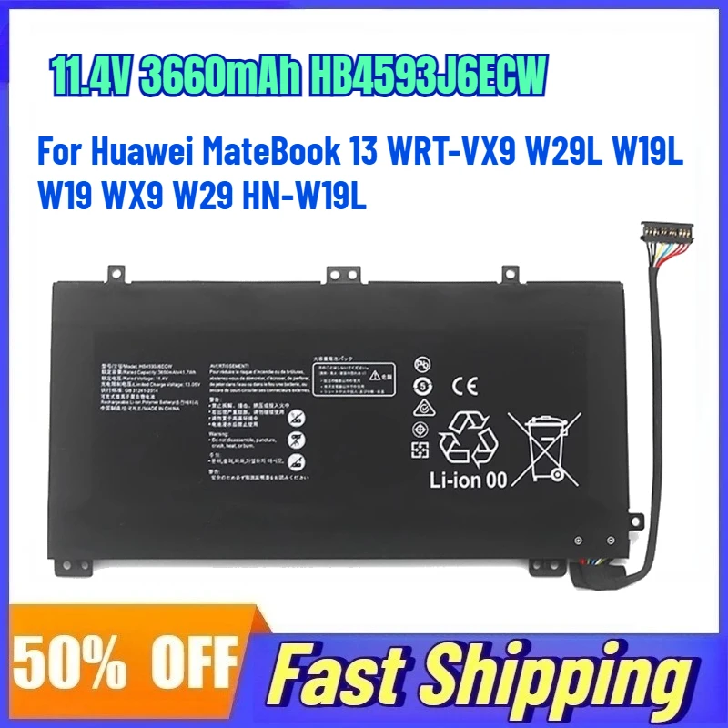 11.4V 3660mAh HB4593J6ECW Laptop Battery For Huawei MateBook 13 WRT-VX9 W29L W19L W19 WX9 W29 HN-W19L Rechargeable Battery