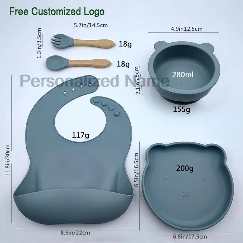 Set per l'alimentazione del bambino nome personalizzato stoviglie in Silicone ciotola per piatto di orso carino per bambini bavaglino cucchiaio forchetta per regalo neonato