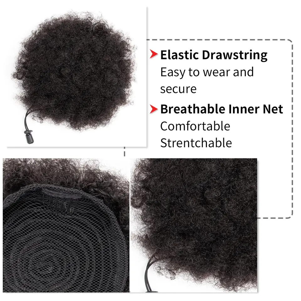 Moño y coleta de cabello humano brasileño afro kinky, rizos cortos, con cordón, color negro natural 2