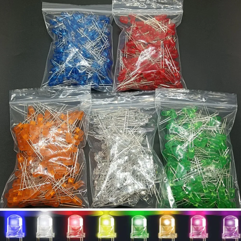1000pcs 5mm LED Diode 5 mm Assorted Kit White Green Red Blue Yellow Orange Pink Purple Warm white DIY Light Emitting Diode