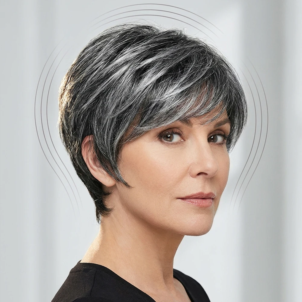 Gradient silver gray synthetic short hair mother headgear wig oblique bangs high-end hair set heat-resistant wig