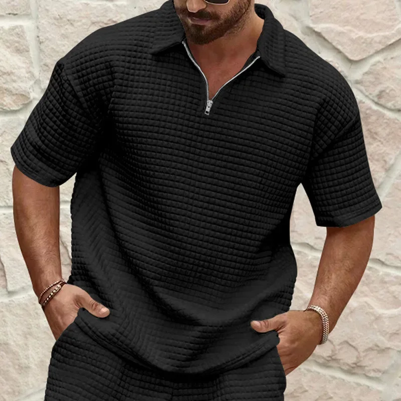Summer New Polo Shirt Men's Casual Jacquard Small Square Solid Color Lapel Sports Short
