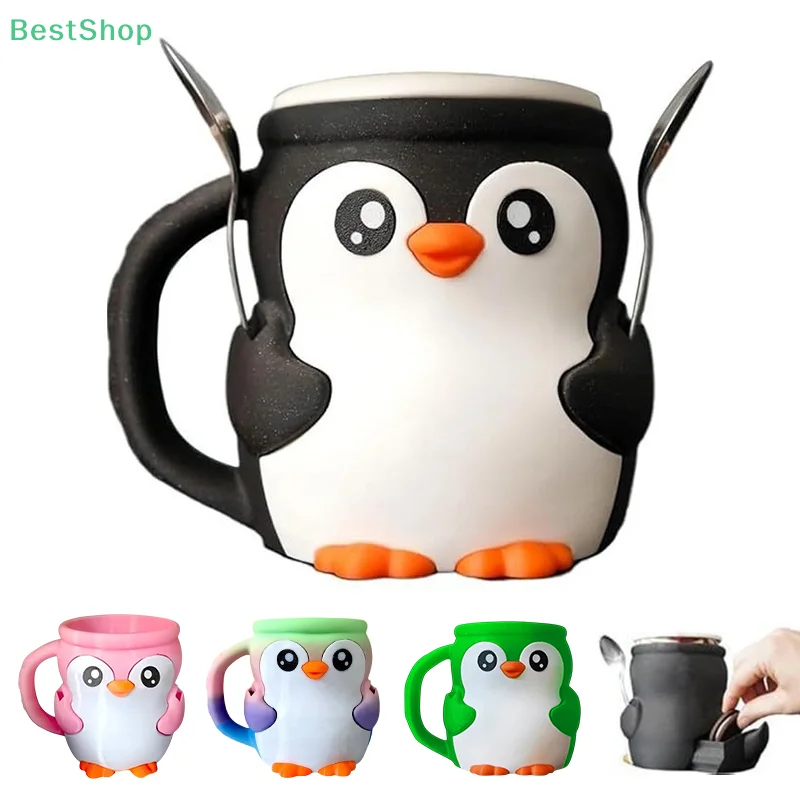 〔Rebecca〕3D Penguin Ice Cream Pint Holder With Antifreeze Handle Spoons Beer Can Cup Sleeve
