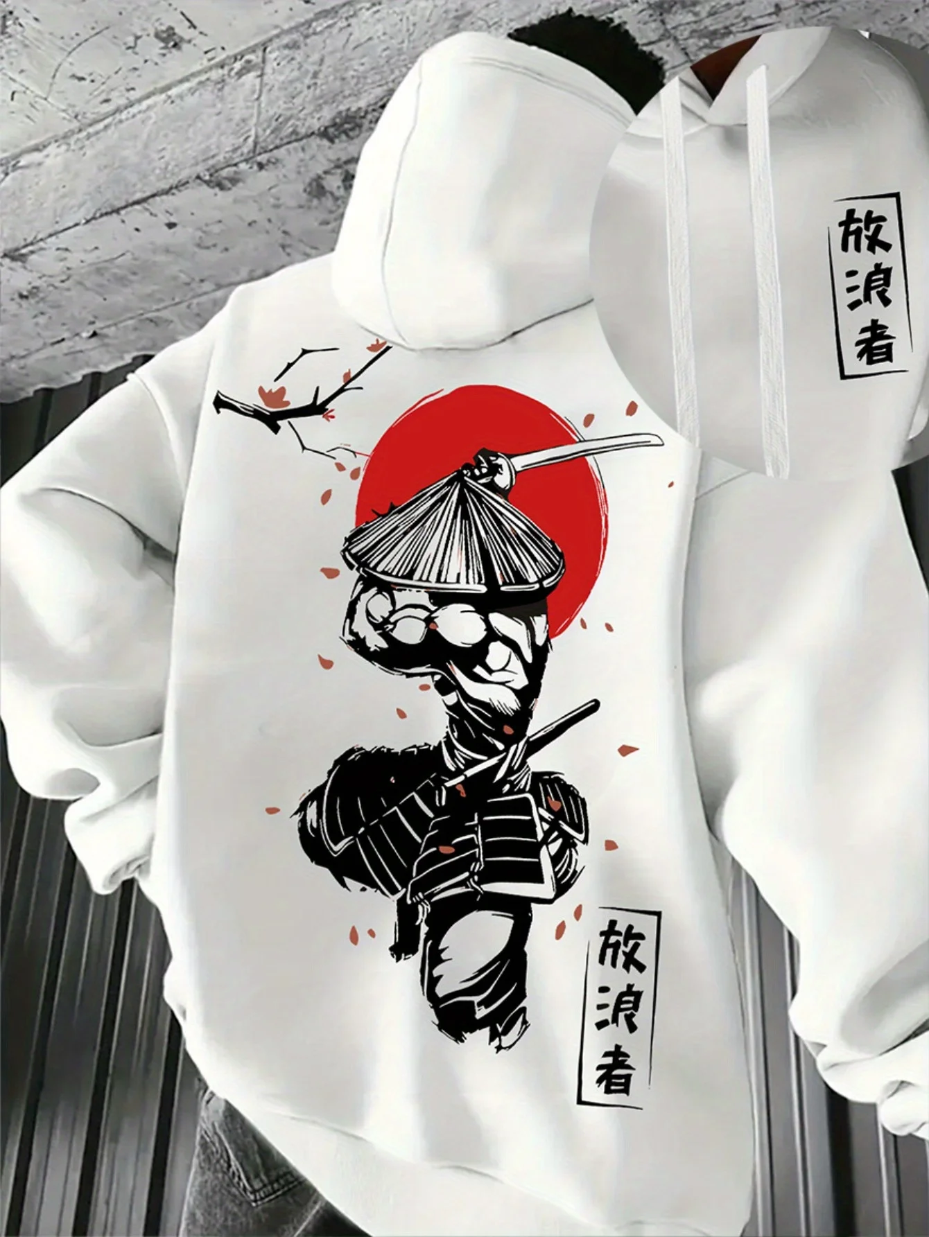 

Men's Samurai Graphic Hoodie - Japanese-Inspired Swordsman Print with Cherry Blossoms & Red Sun