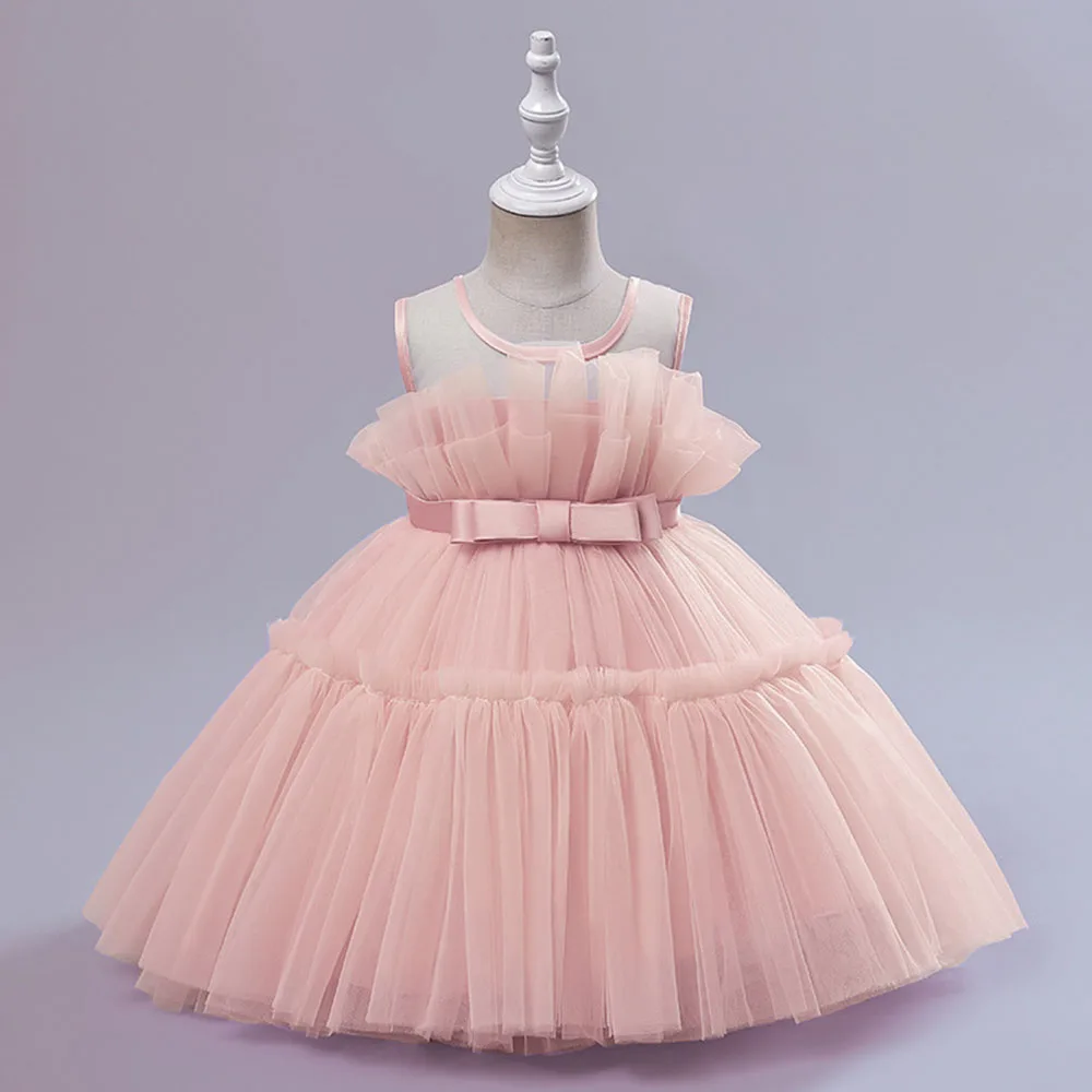 Baby Girl Princess Tutu Dress Sleeveless Kids Girls Puffy Pleated Dresses Pink White Birthday Party Toddler Clothes 1-6T