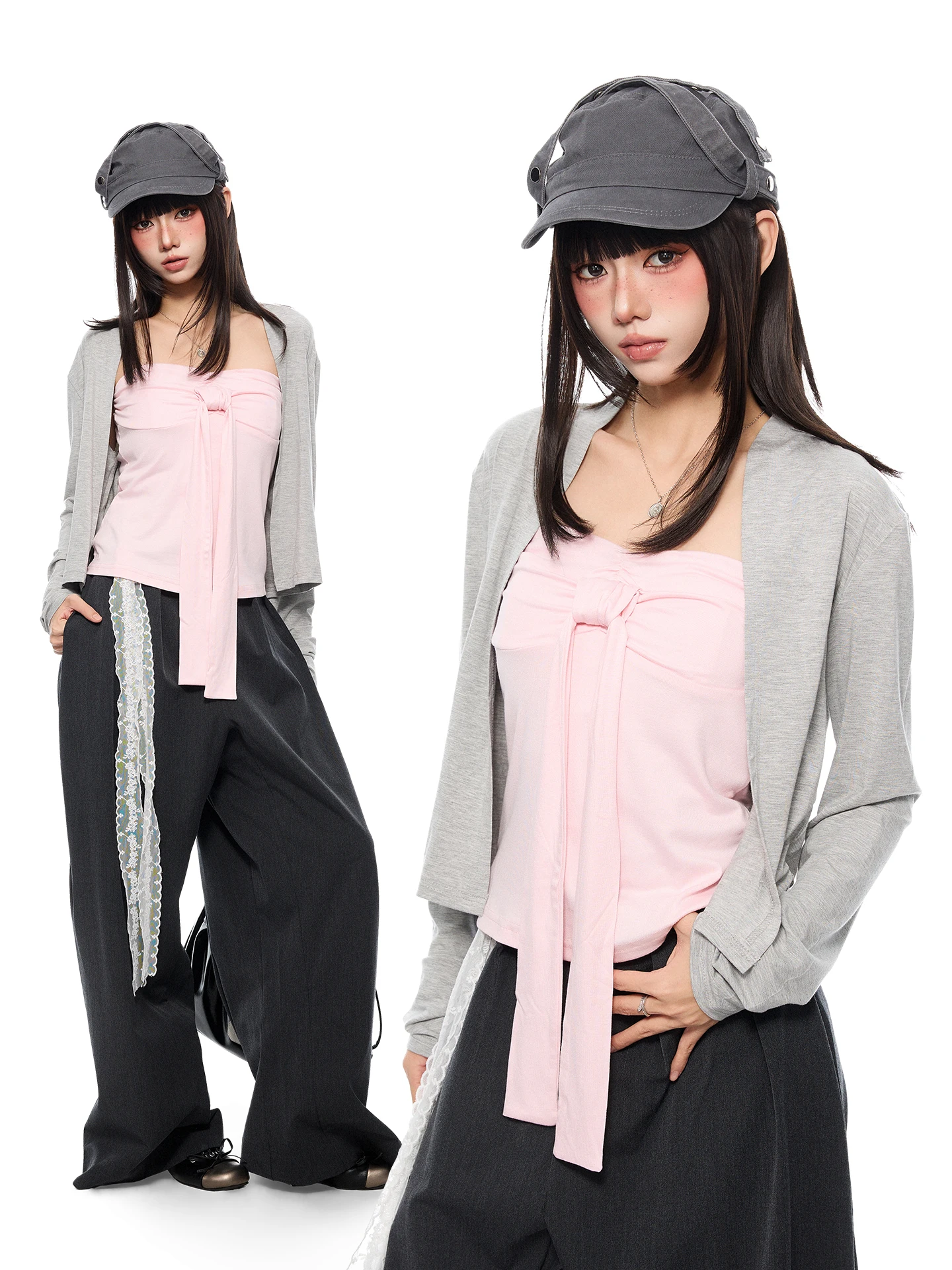 K787 Pure Desire Layered Korean High Intelligence Wrap Chest Vest Thin Outer Two-Piece Set Women Short Top Set Fashionable Sl...