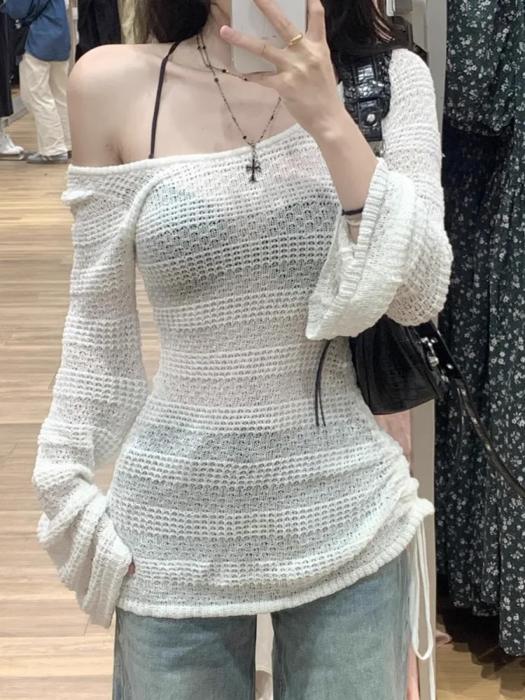 White Thin Hollow-out Outdoor Sun Protection Cover up Women Summer Loose Stacked Bell Sleeve Ice Silk off-Shoulder Knitted Top