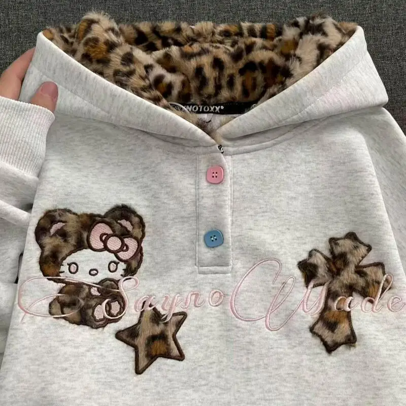 

Женская толстовка Sanrio Hello Kitty с вышивкой кота, на флисовой подкладке, в стиле «ленивый шик», утолщенная, оверсайз, повседневная верхняя одежда