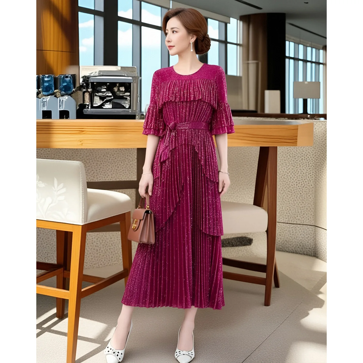 

Зима 2029, новинка Miyake Fungus Edge, плиссированное платье с длинными рукавами и бретельками для тяжелой промышленности, тонкое высококачественное длинное платье с юбкой-бутоном