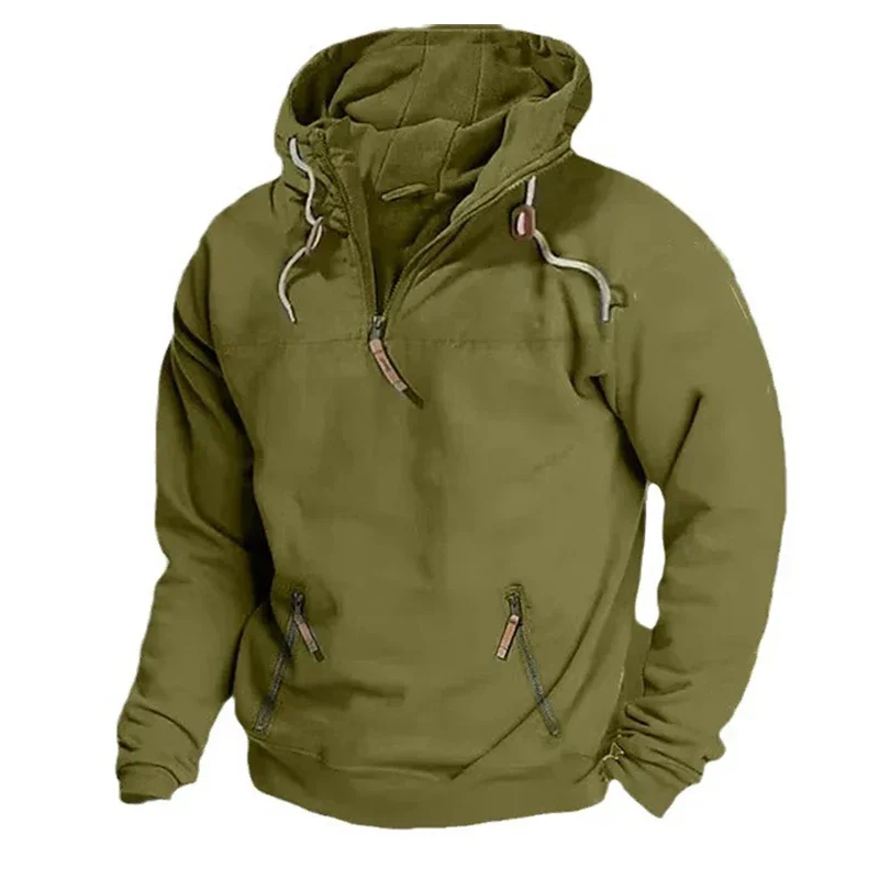 

1PCS Men's Solid Color Hooded Sweatshirt Spring and Autumn Leisure Combat Zipper Pocket Pullover Sweater Fashion Top S-XXXL