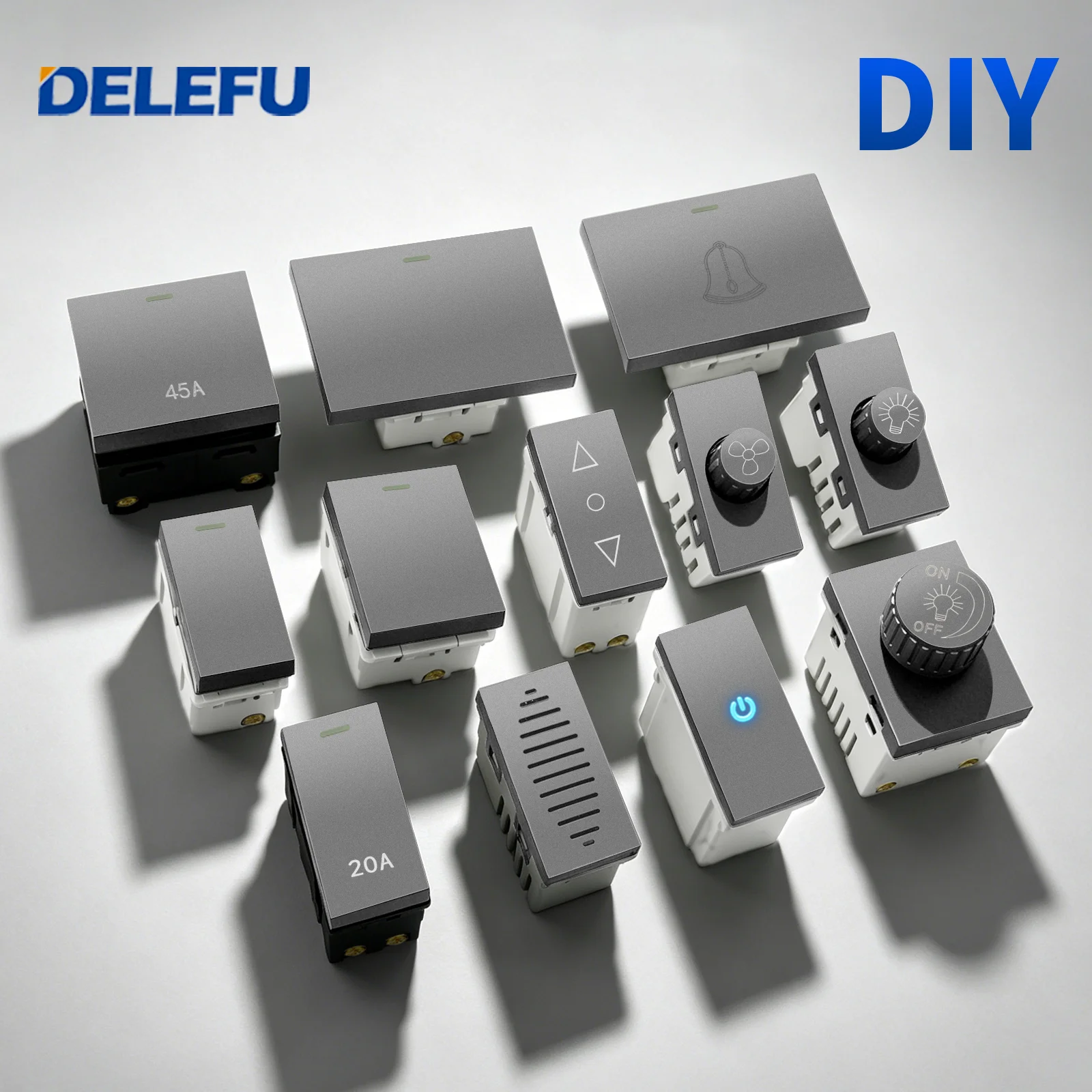 Interruptor de Parede Cinza DELEFU com Função de Tecla Pode ser combinado livremente de acordo com o seu próprio design. Acessório Universal para Todas as Reformas Residenciais
