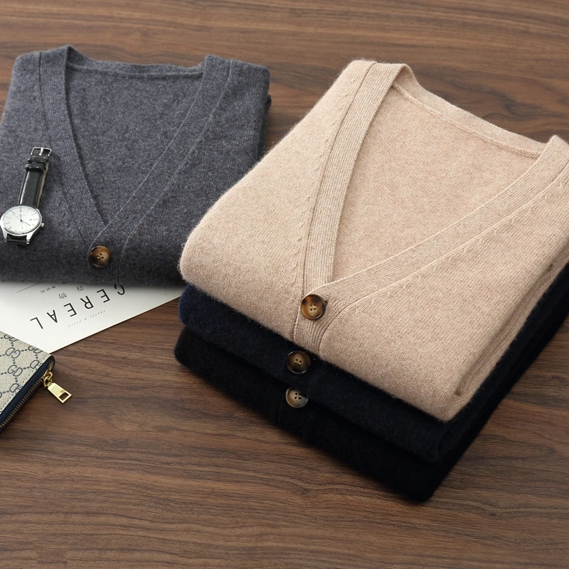 

2025 Men V-neck Cashmere Cardigan 100% Cashmere Knit Shirt Solid Basic Smart Casual Sweater Autumn Winter Thick Soft Comfy Tops
