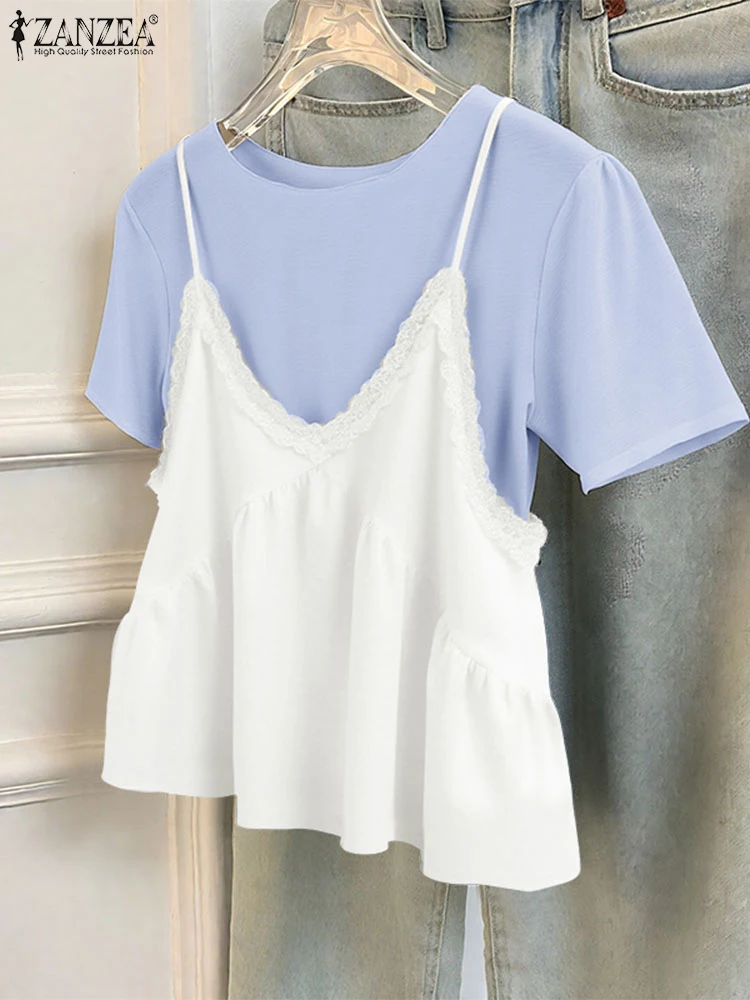 Fashion Blouse Women Fake 2-piece Casual Loose Tops Short Sleeve Patchwork Tunic O-Neck Summer Pullover Oversized ZANZEA 2025