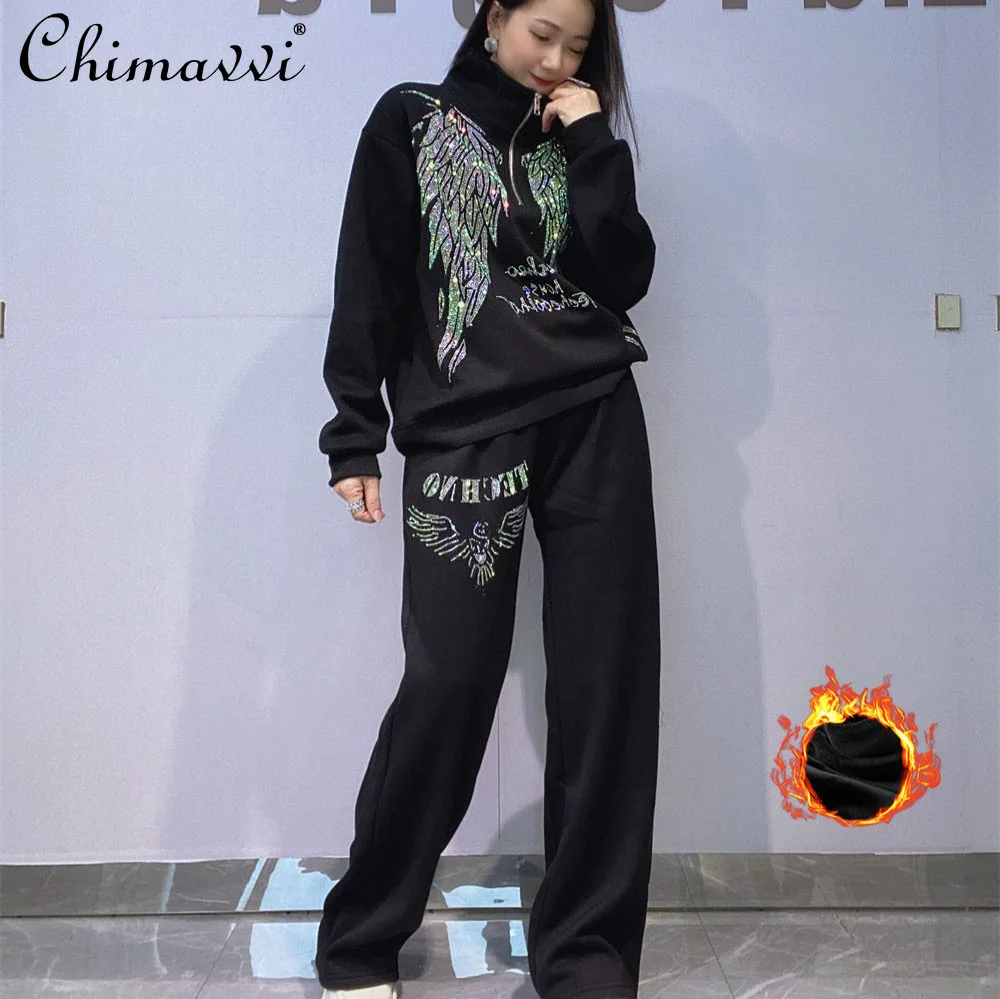 

Autumn Winter New Fashion Half Zipper Rhinestone Long Sleeve Loose Top Pants Casual Sportswear Fleece-Lined Women Two-Piece Set