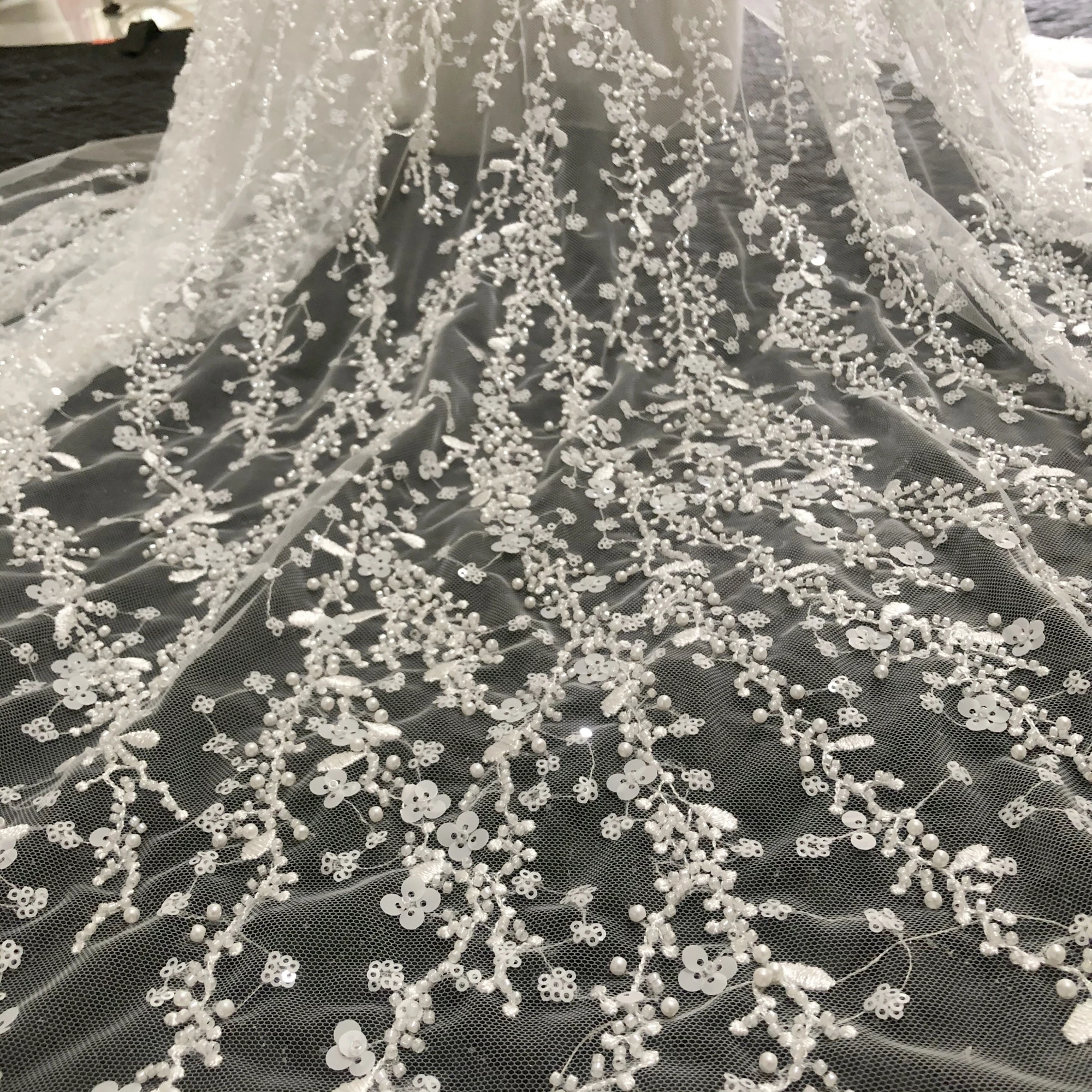 High Fashion Designer Lace Fabric Sequins Beads Pearls Embroidery Wedding Dress Evening Dress Fabric DIY Accessories