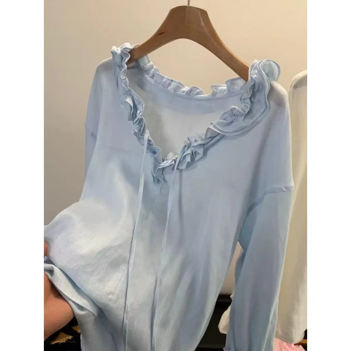 

Romantic Handmade Linen V-neck Belted Shirt Women's Loose Versatile Top French Style Cotton Long Sleeve Breathable Skin-friendly