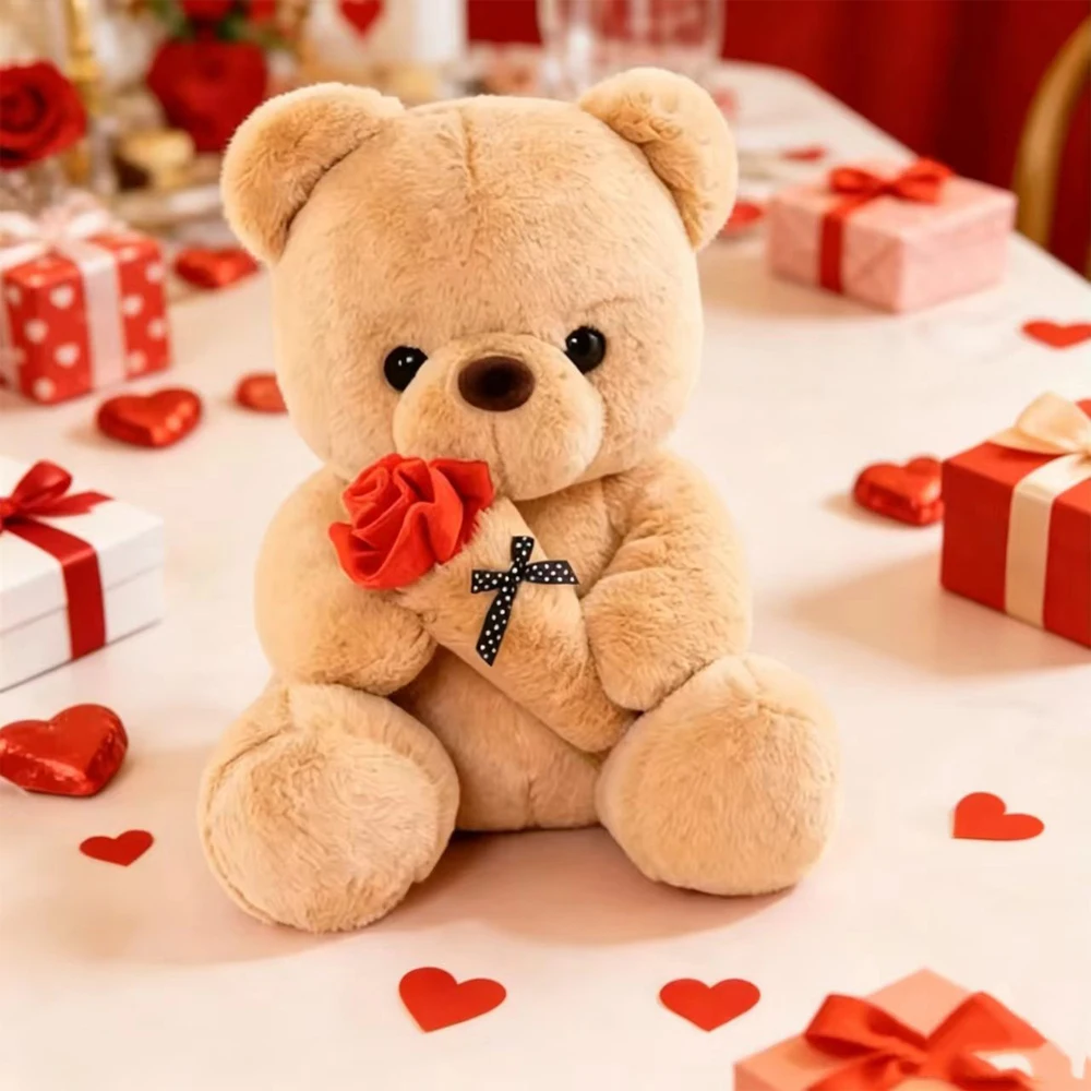 25CM Cute Rose Bear Plush Toy Soft Stuffed Plushies Home Sofa Throw Pillow Ornament Valentine's Day Gifts Wedding Party Decors