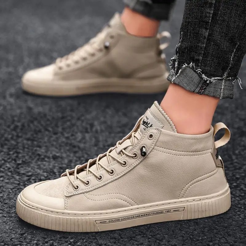 Leather High Top Shoes for Men Casual Shoes Spring Autumn Fashion Splicing Lace Up Vulcanized Shoes Skate Male Sneakers 2023 New