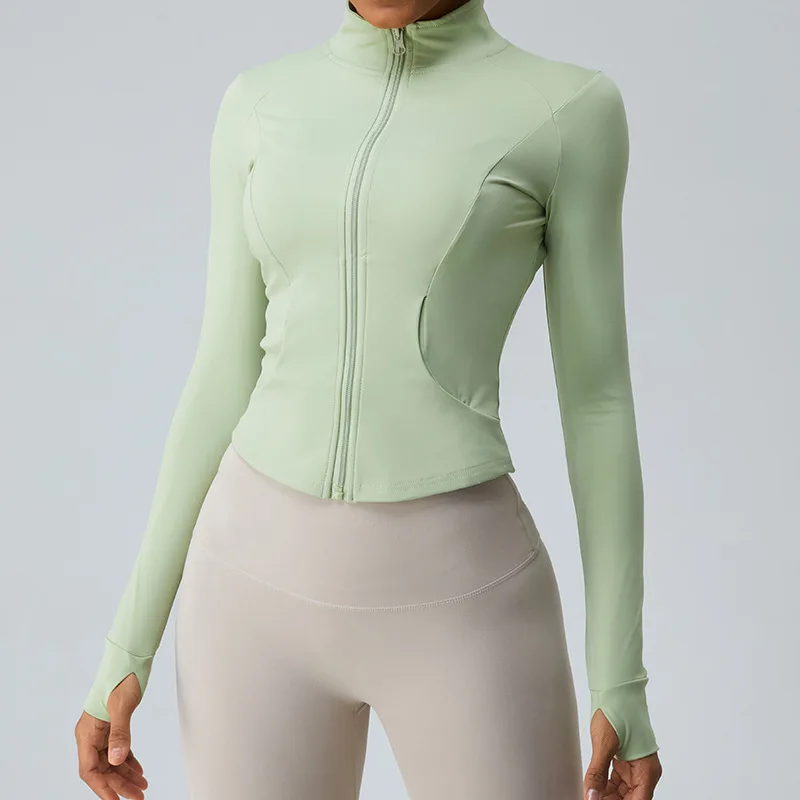 Gym Shirt Women's Full Zipper Yoga Top With Thumbholes Fitness Running Jacket Stretch Fit Long Sleeve Round Neck Top Sportswear