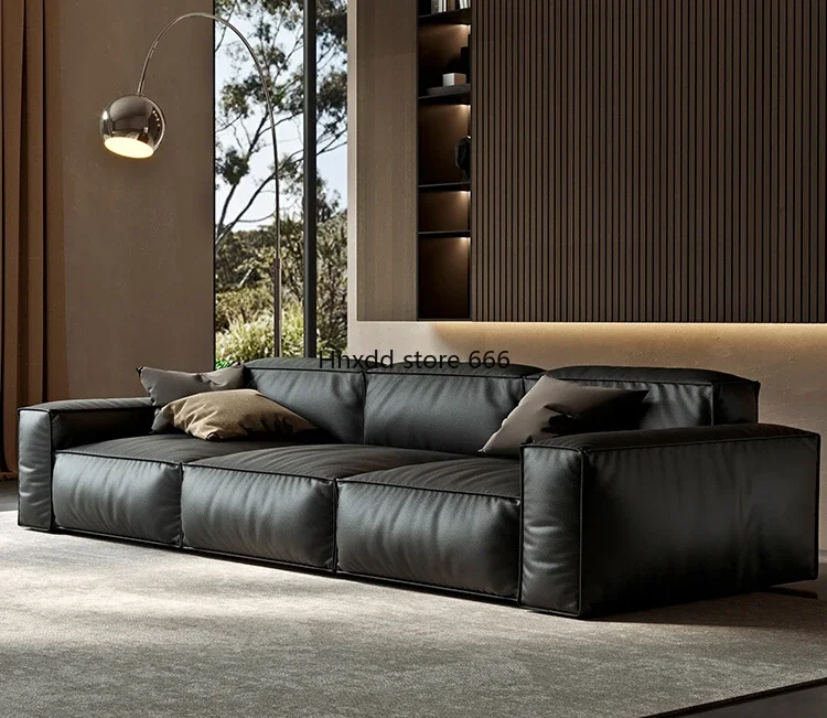 Tofu cubes leather black Italian minimalist living room modern inline sofa