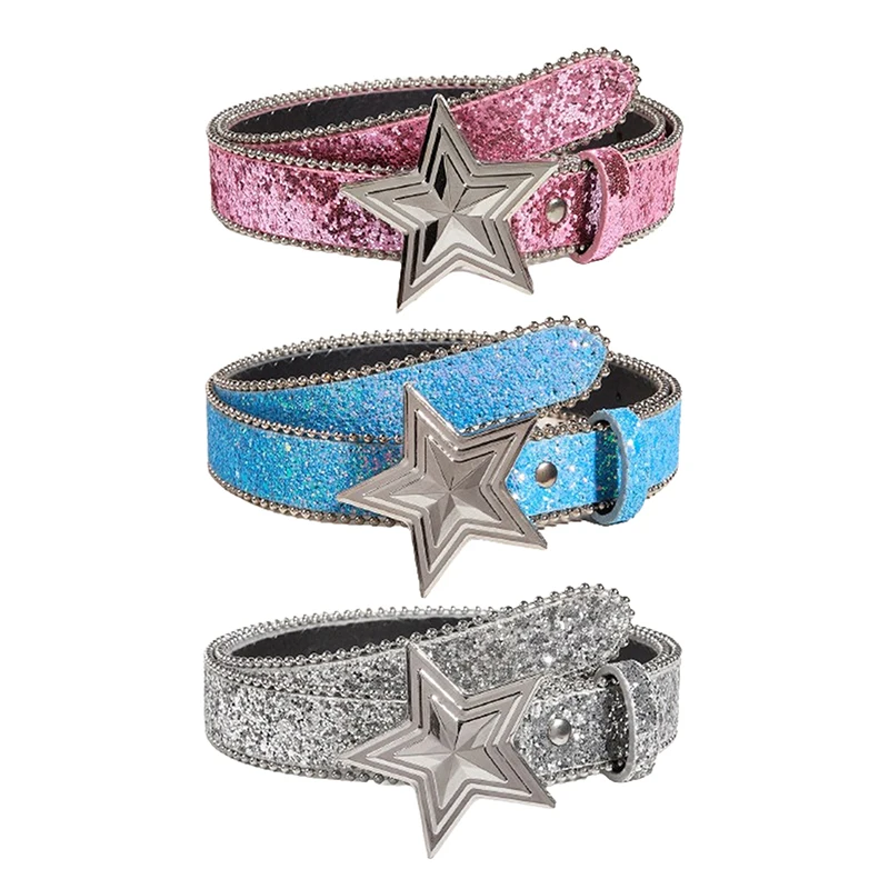 Women's Star Buckle Belt Y2k Luxury Bling Sequin Punk Metal Buckle Waist Strap Fashion Shiny PU Leather Waistband Jeans Belt