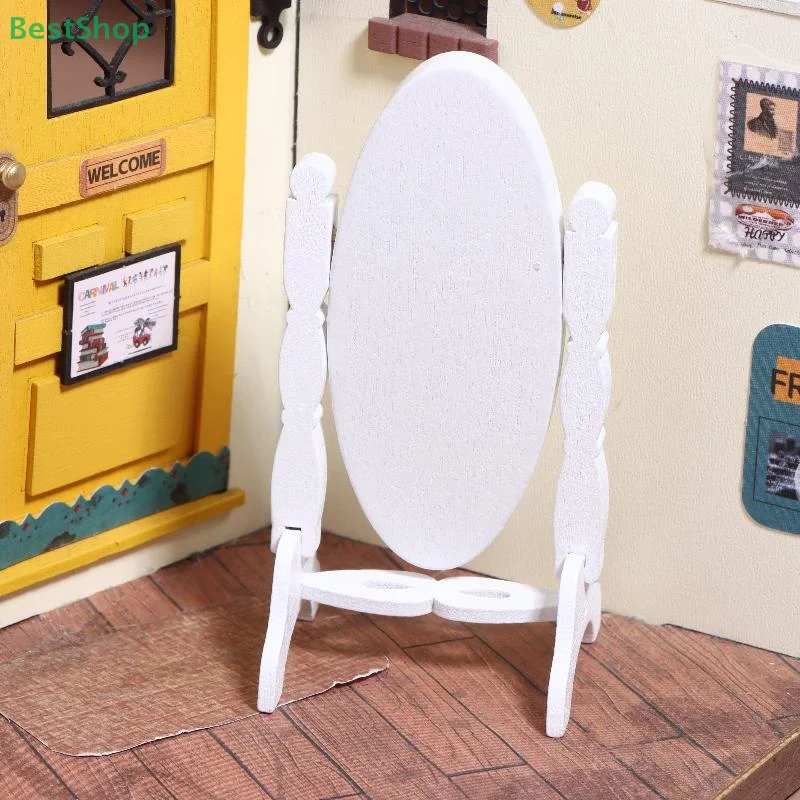 ★ ★ ★ 1:12 casa de muñecas Mini simulación clásica vertical de madera blanco tocador espejo de tocador muebles de sala de estar decoración Juguetes