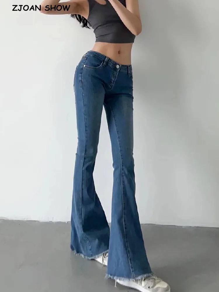 

2022 Spring Autumn Sexy Low Waist Floor Length Burr Cuff Flare Jeans Women Vintage Stretch Denim Pants Streetwear Long Trousers