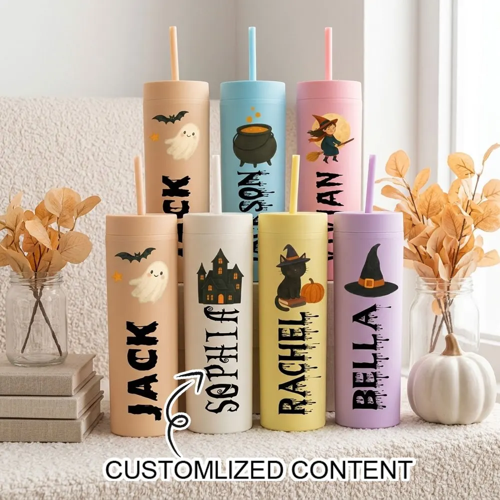 2026 New Custom Name Halloween Kids Tumbler With Straw, Cute Monster Pumpkin Bat Pattern, Halloween Party Favor Gift for Kids.
